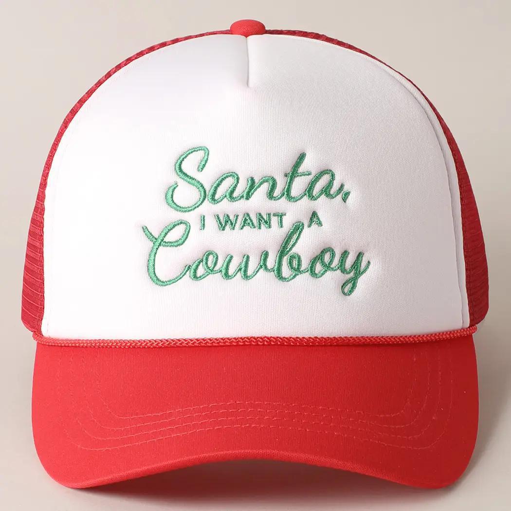 SANTA I WANT A COWBOY Green Trucker Hat with Embroidered Text Santa, I Want A Cowboy Embroidered Hat - Etsy main image 3