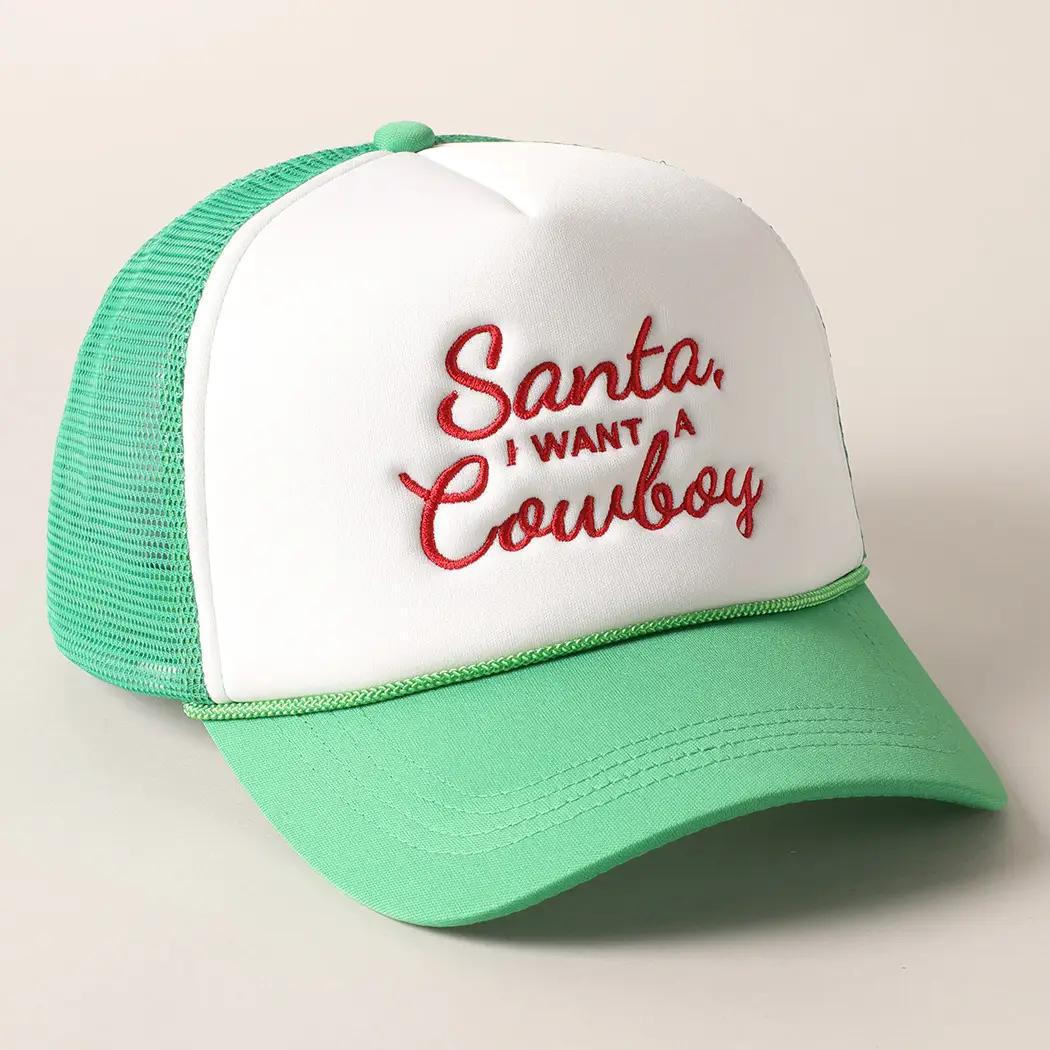 SANTA I WANT A COWBOY Green Trucker Hat with Embroidered Text Santa, I Want A Cowboy Embroidered Hat - Etsy main image 2